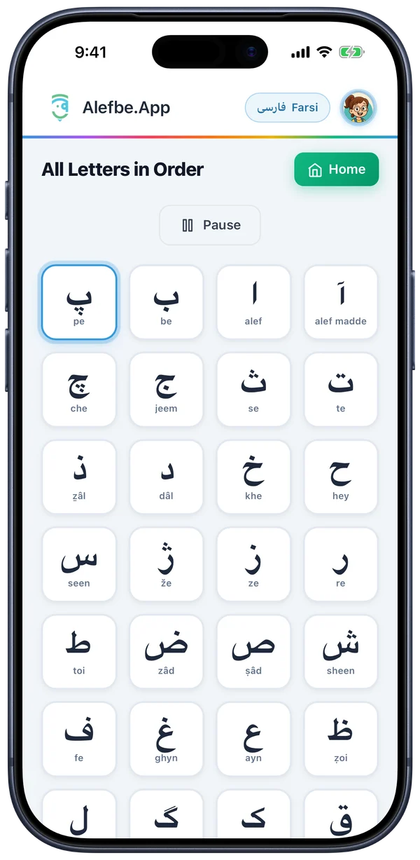All Letters in Order: the Farsi alphabet